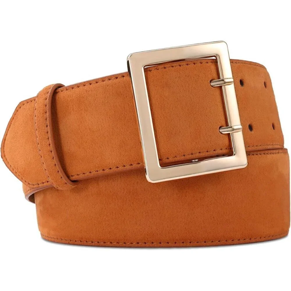 🆕 Women Leather Wide Fashion Thick Dress Belt With Gold Buckle Belt Brown Suede